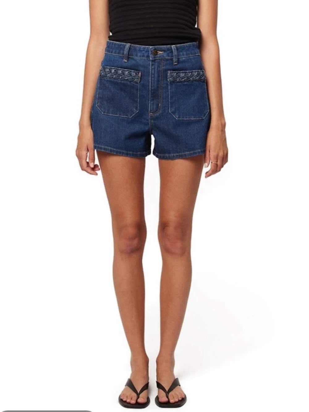 NWOT ROLLAS Denim High-Rise Patch Pocket Braided Pocket Shorts - Blue